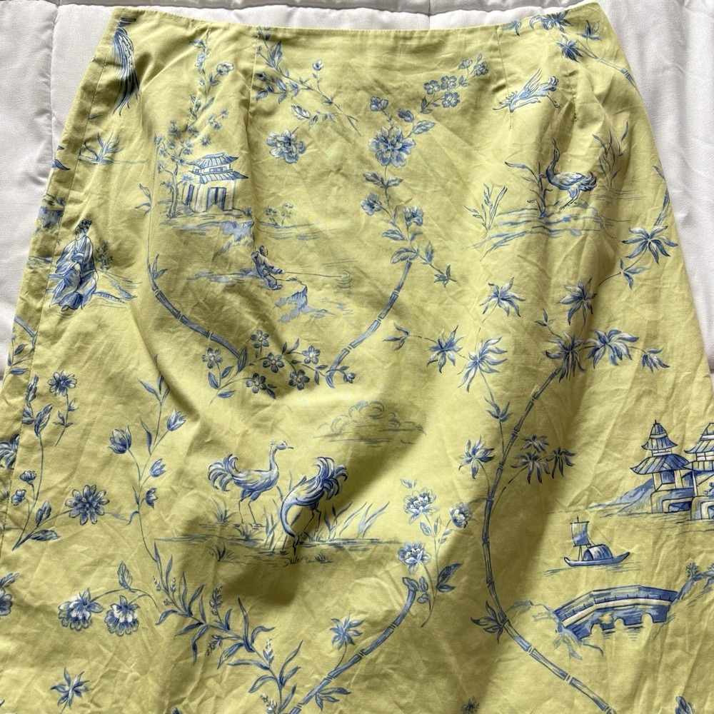 Vintage 90s Mini Skirt Womens 10 Green Oriental Geishas Birds Fairy Whimsy Y2K - Picture 2 of 9